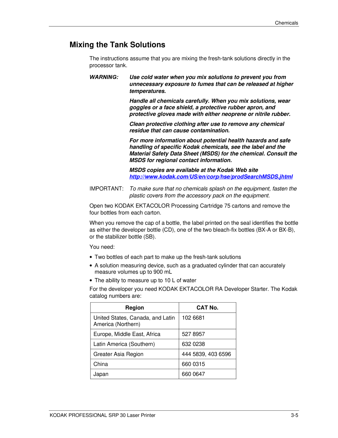 Kodak SRP 30 manual Mixing the Tank Solutions, Region CAT No 