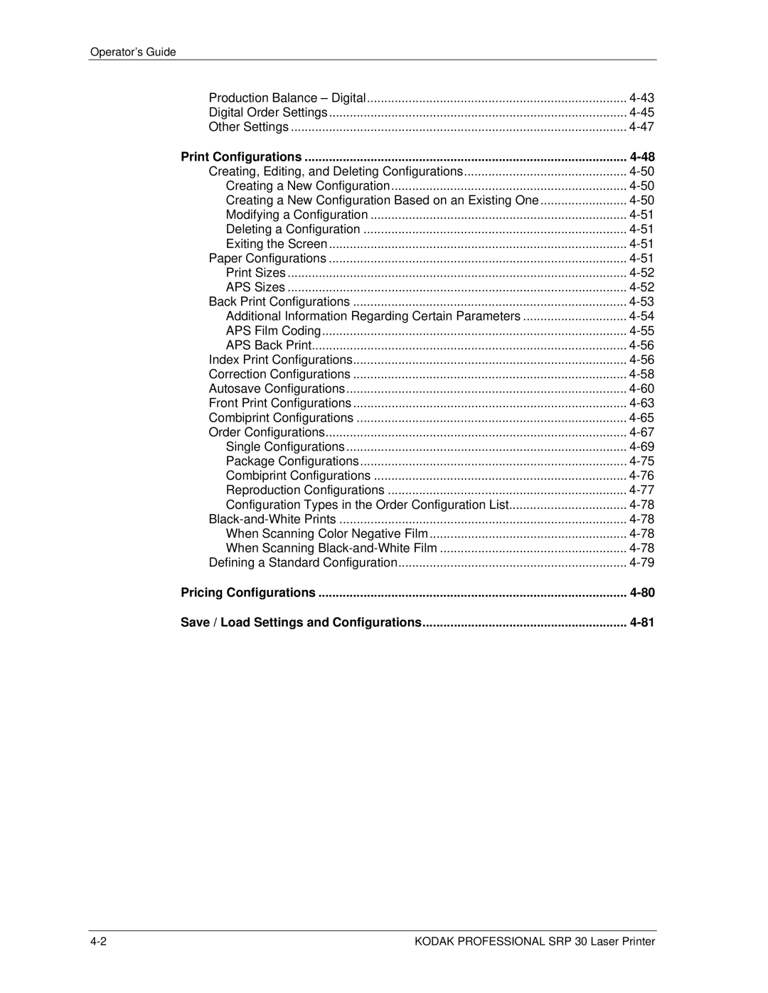 Kodak SRP 30 manual Production Balance Digital Digital Order Settings 