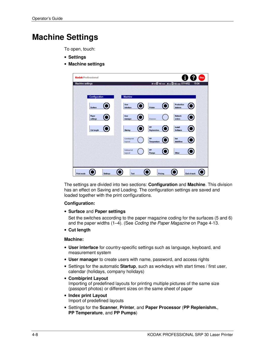 Kodak SRP 30 Machine Settings, Settings Machine settings, Configuration Surface and Paper settings, Cut length Machine 