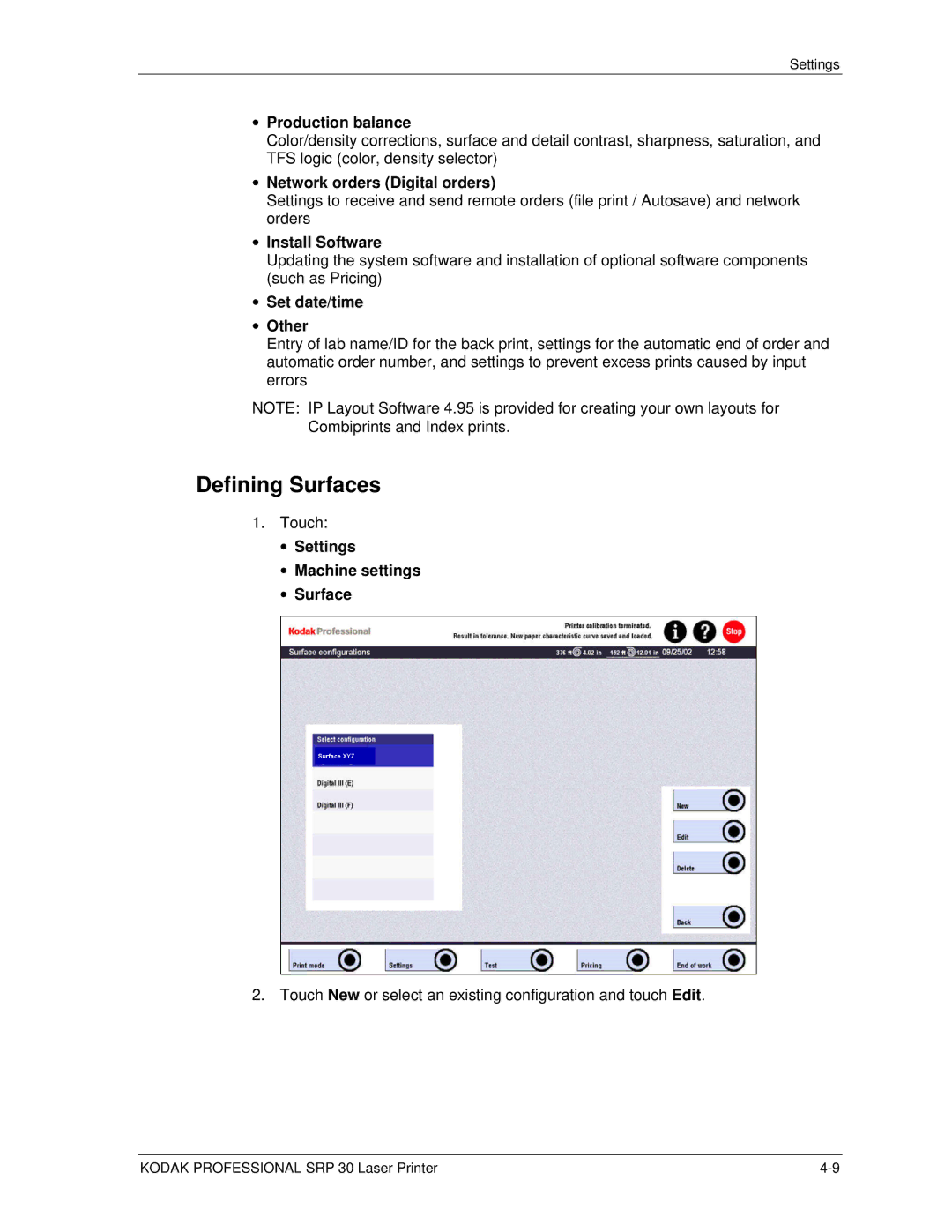 Kodak SRP 30 manual Defining Surfaces, Network orders Digital orders, Install Software, Set date/time Other 