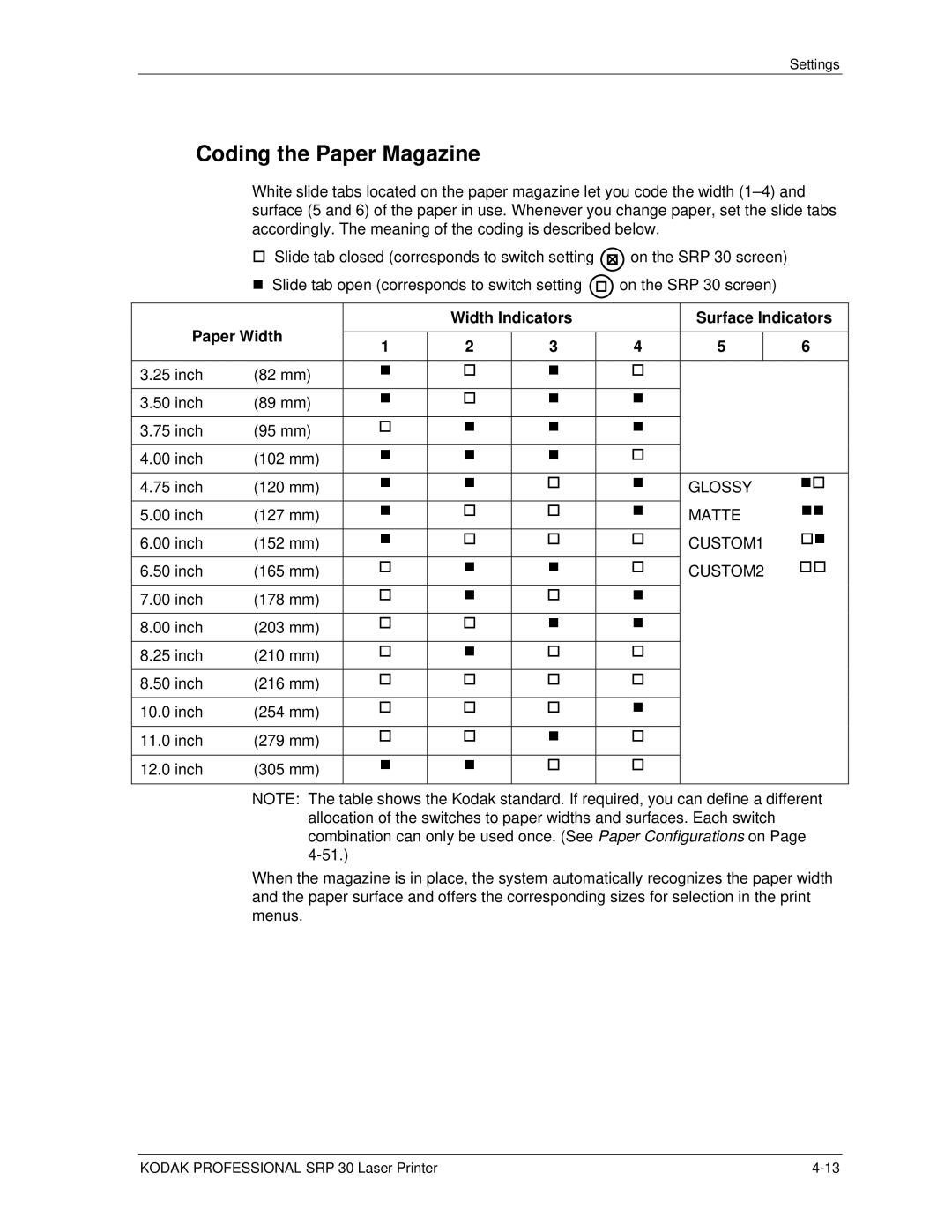 Kodak SRP 30 manual Coding the Paper Magazine, Width Indicators Surface Indicators Paper Width 