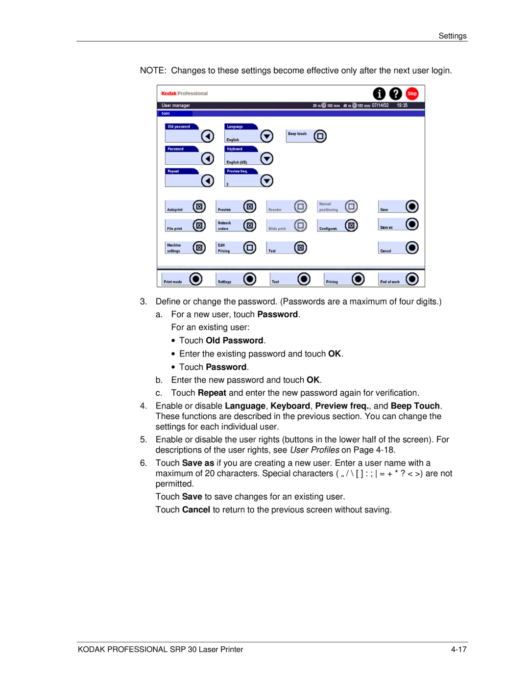 Kodak SRP 30 manual Touch Old Password, Touch Password 