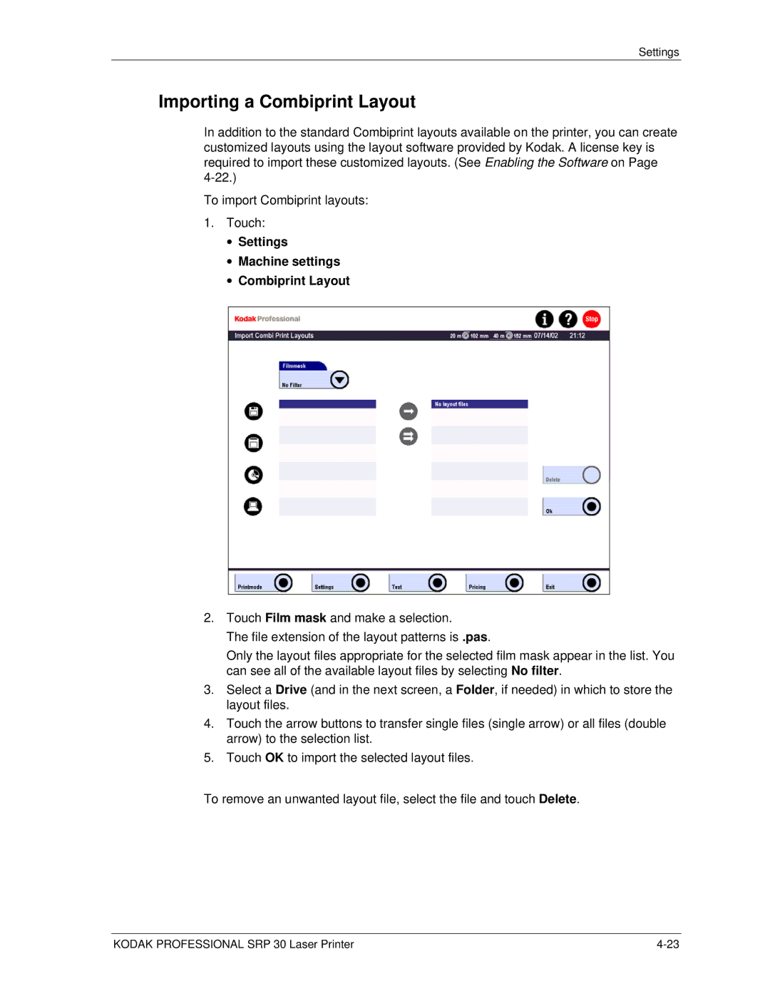 Kodak SRP 30 manual Importing a Combiprint Layout, Settings Machine settings Combiprint Layout 