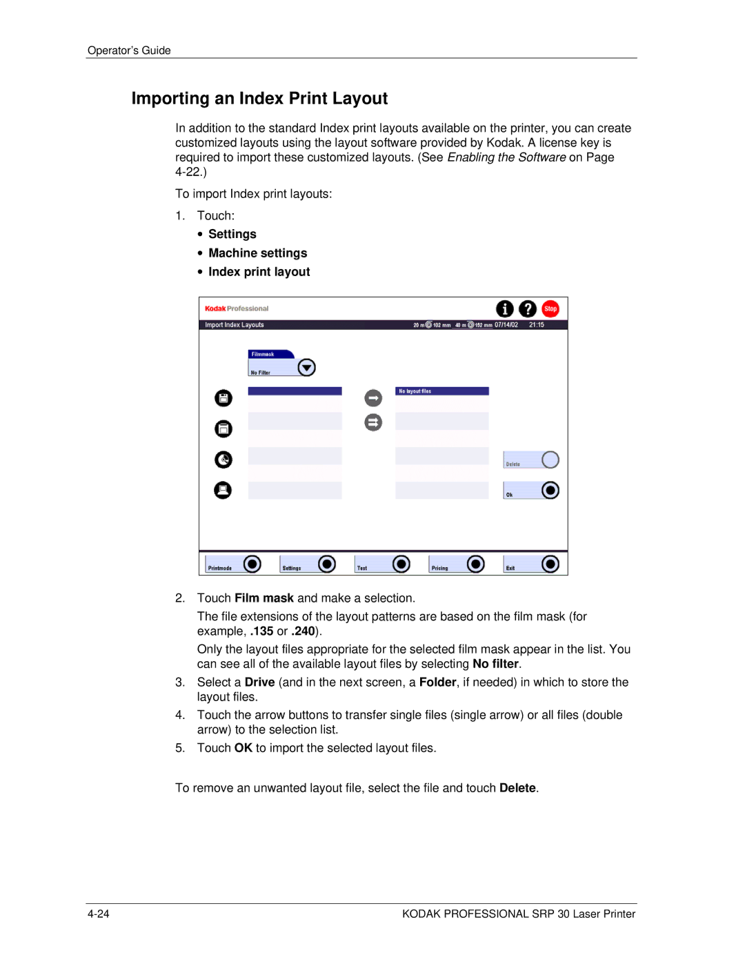 Kodak SRP 30 manual Importing an Index Print Layout, Settings Machine settings Index print layout 