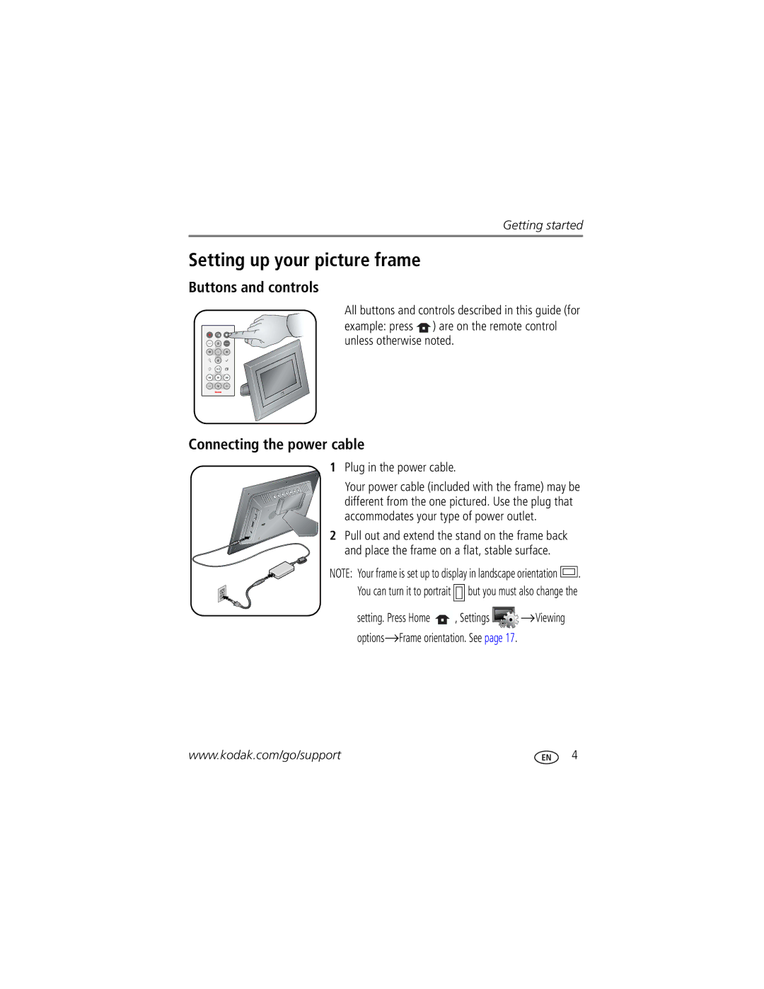 Kodak EX-811, SV-710, EX-1011, SV-811 manual Setting up your picture frame, Buttons and controls, Connecting the power cable 