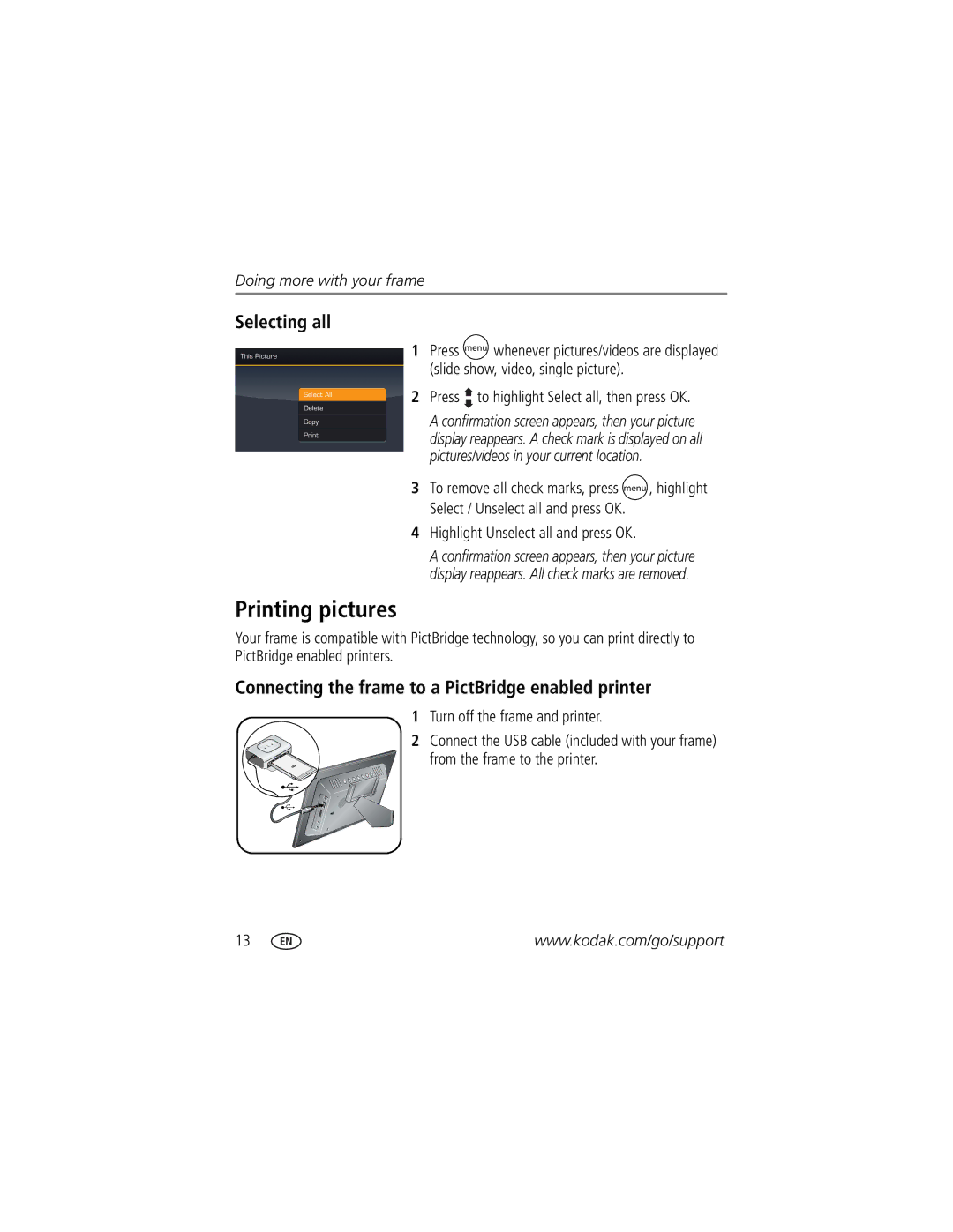 Kodak SV-710, EX-1011, SV-811, EX-811 Printing pictures, Selecting all, Connecting the frame to a PictBridge enabled printer 