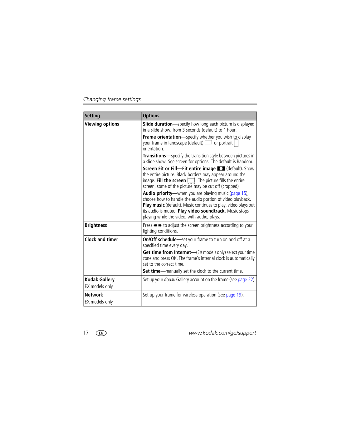 Kodak SV-710, EX-1011, SV-811, EX-811 Setting Options Viewing options, Brightness, Clock and timer, Kodak Gallery, Network 