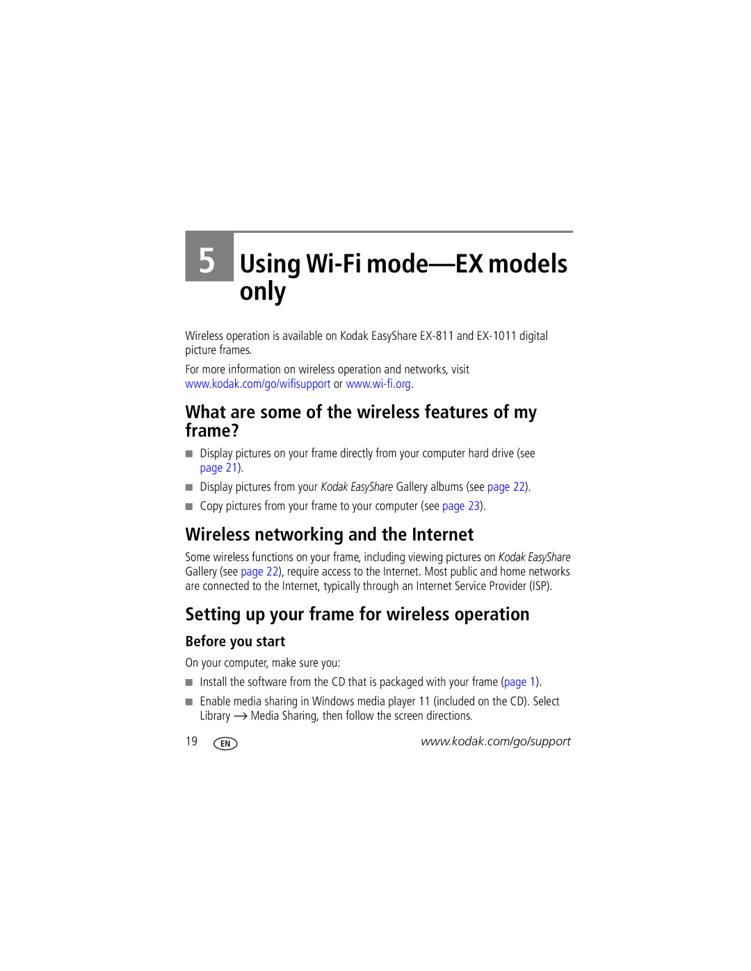 Kodak SV-811 manual Using Wi-Fi mode-EX models only, What are some of the wireless features of my frame?, Before you start 