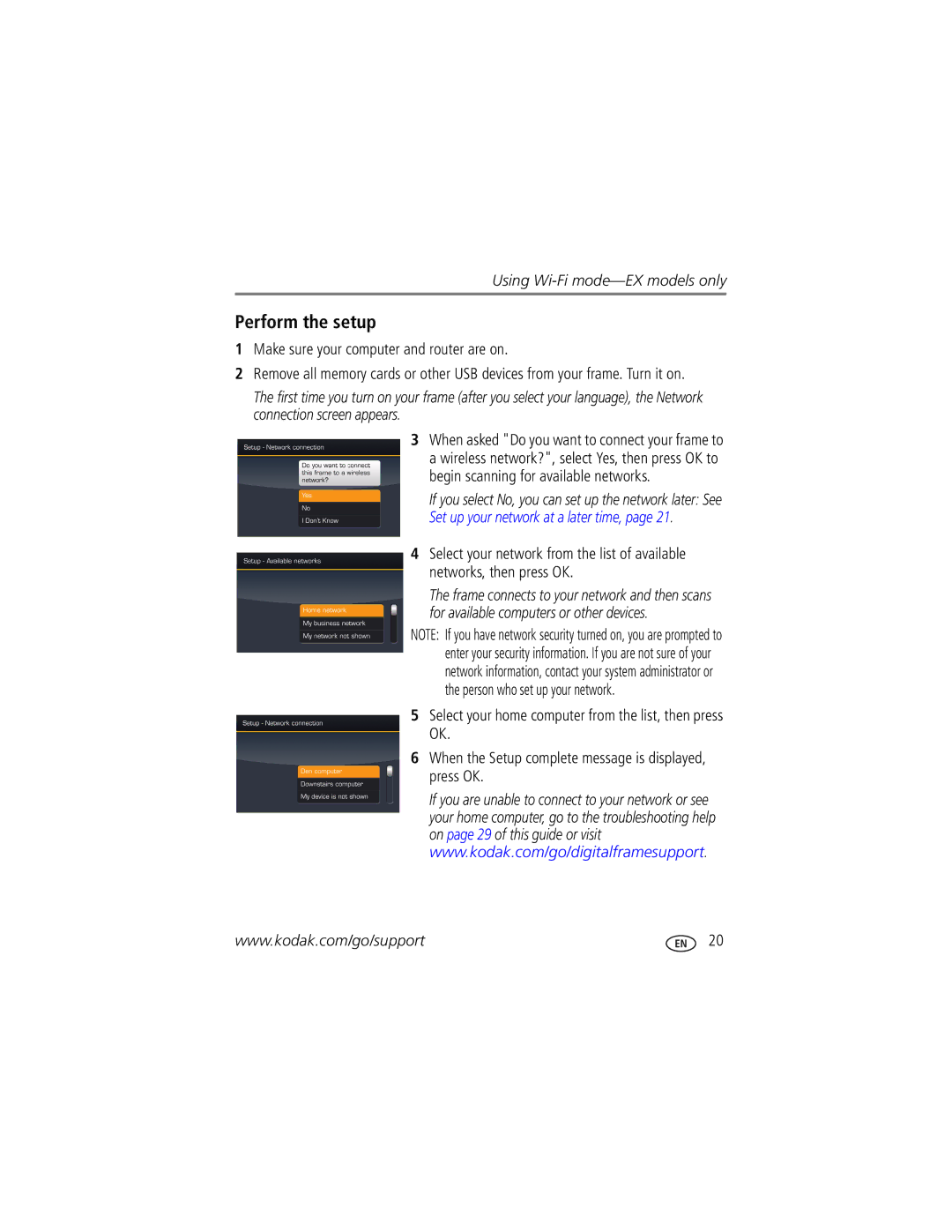 Kodak EX-811, SV-710, EX-1011, SV-811 manual Perform the setup, Make sure your computer and router are on 