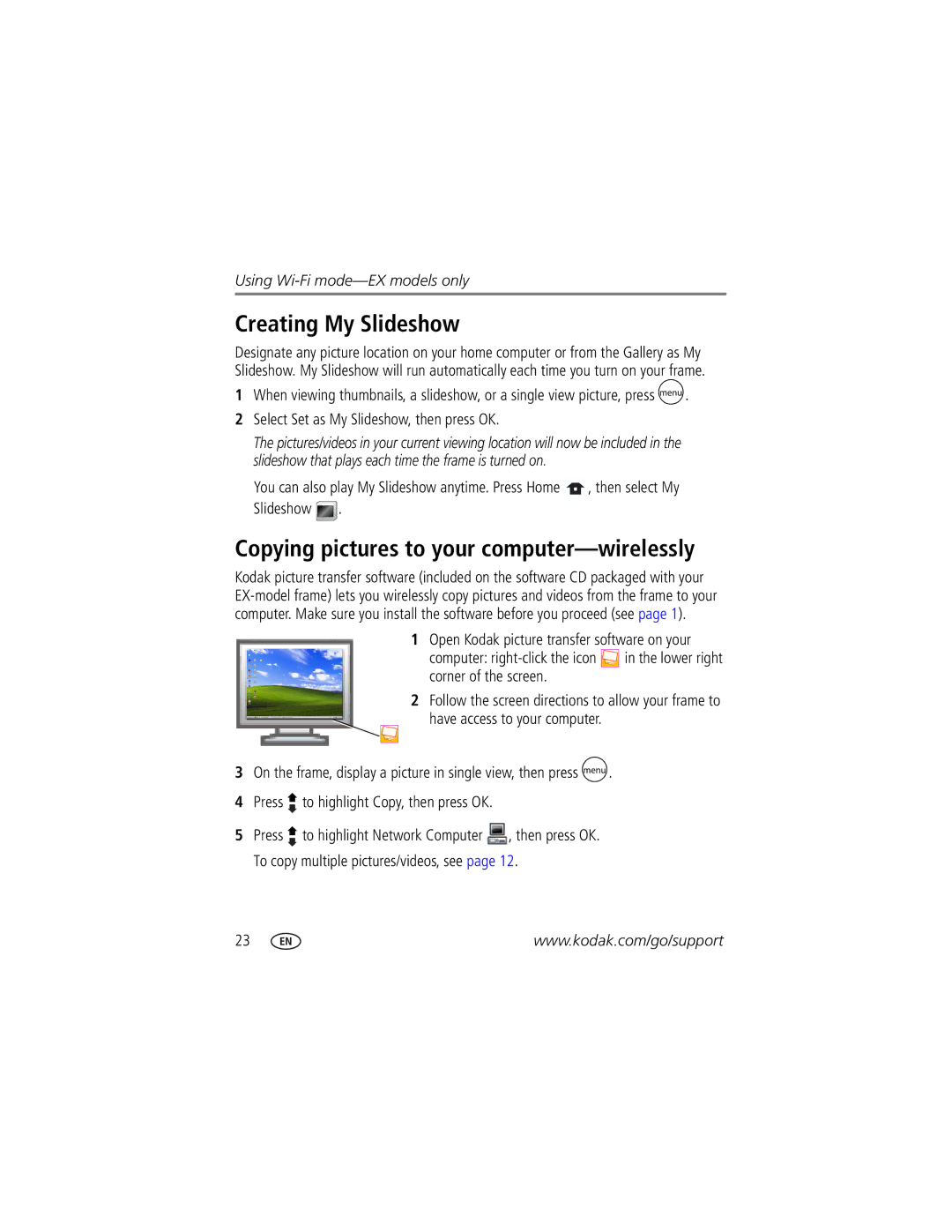 Kodak SV-811, SV-710, EX-1011, EX-811 manual Creating My Slideshow, Copying pictures to your computer-wirelessly 