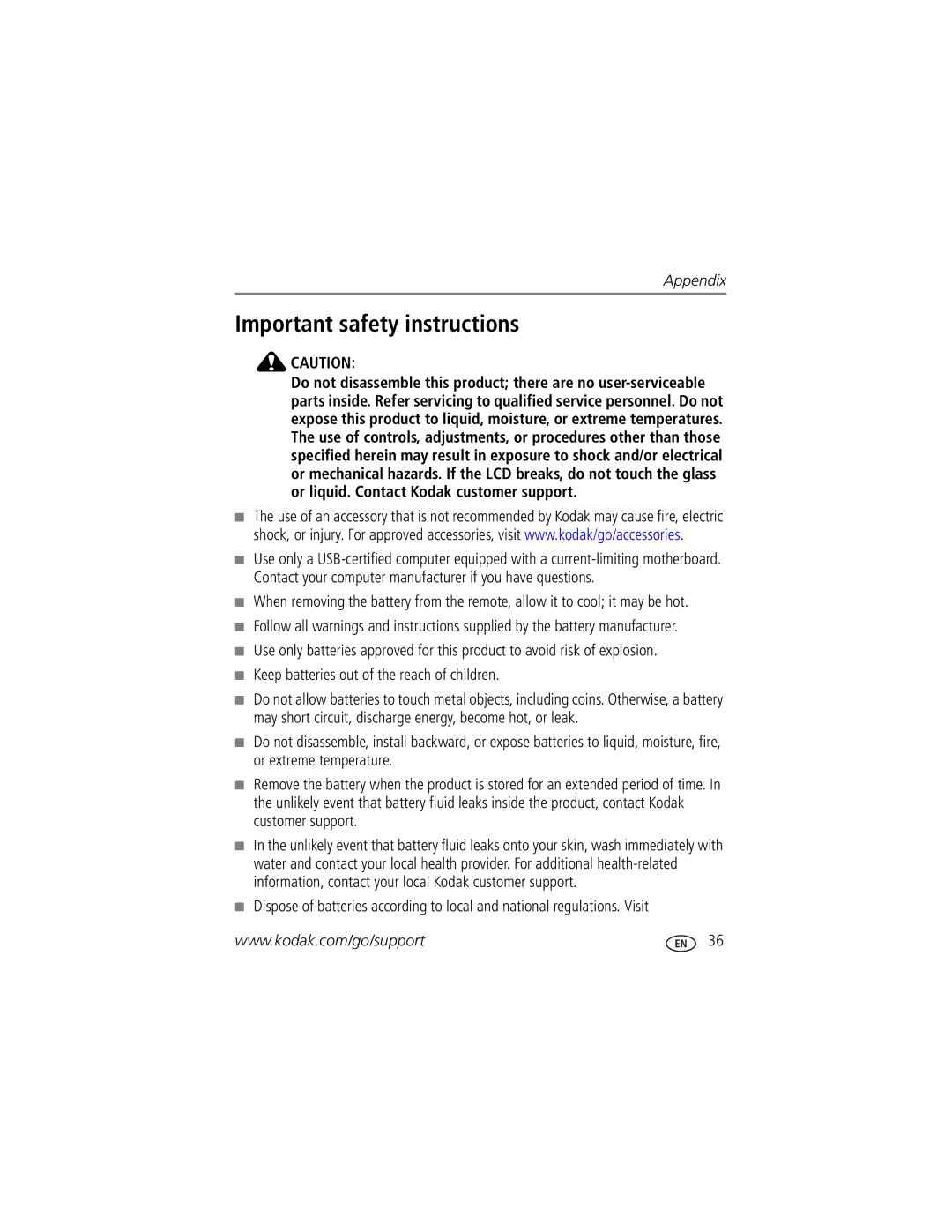 Kodak EX-811, SV-710, EX-1011, SV-811 manual Important safety instructions 