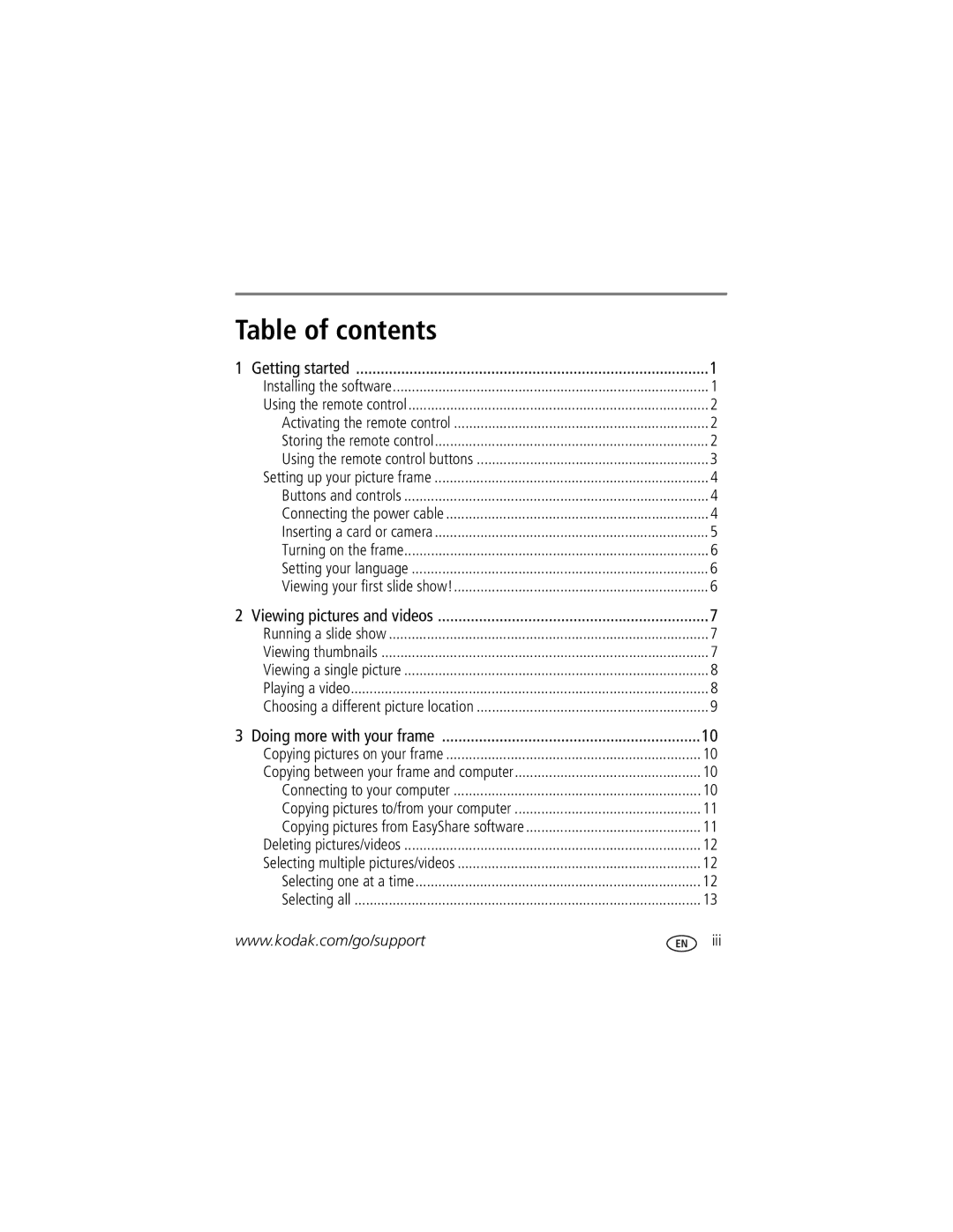 Kodak EX-1011, SV-710, SV-811, EX-811 manual Table of contents 