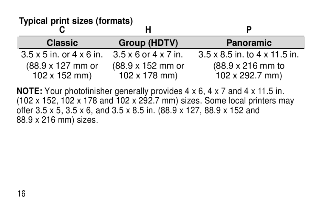 Kodak T20 user manual Typical print sizes formats Classic Group Hdtv Panoramic 