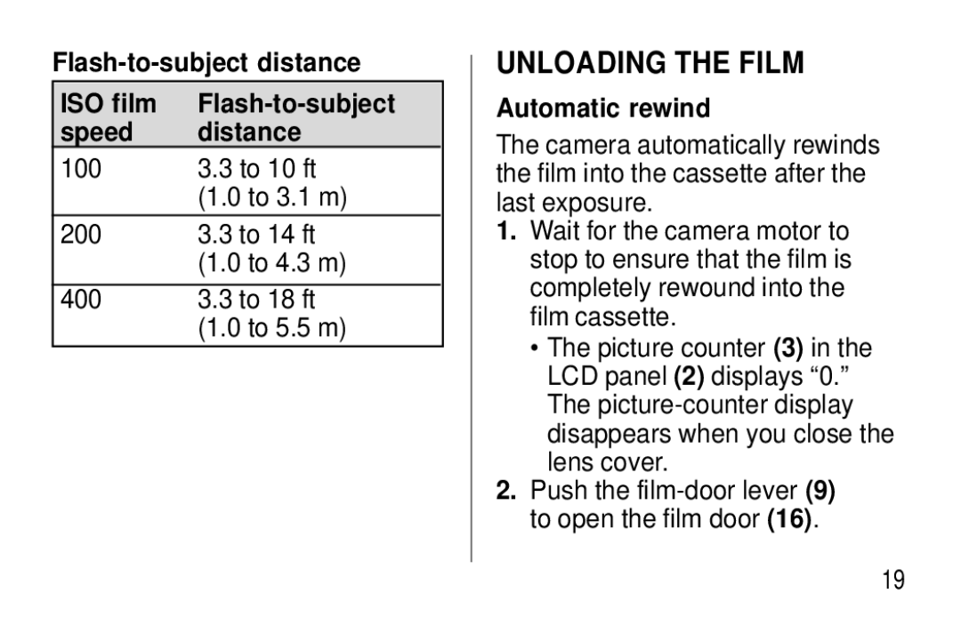 Kodak T20 user manual Unloading the Film, Flash-to-subject distance ISO film Speed Distance, Automatic rewind 