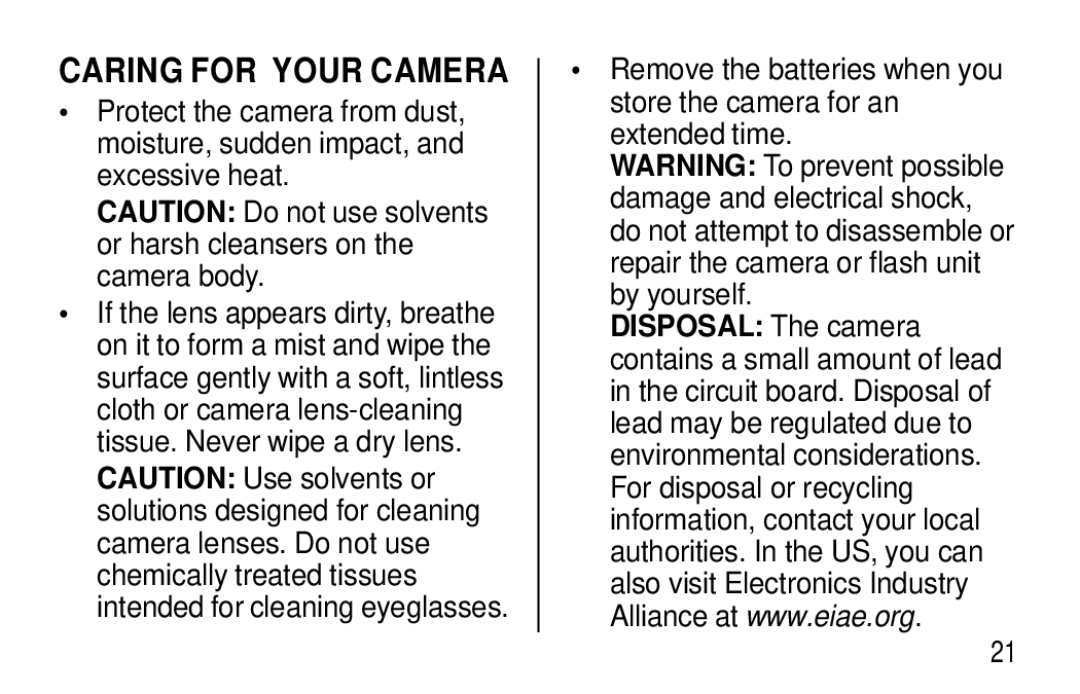 Kodak T20 user manual Caring for Your Camera 