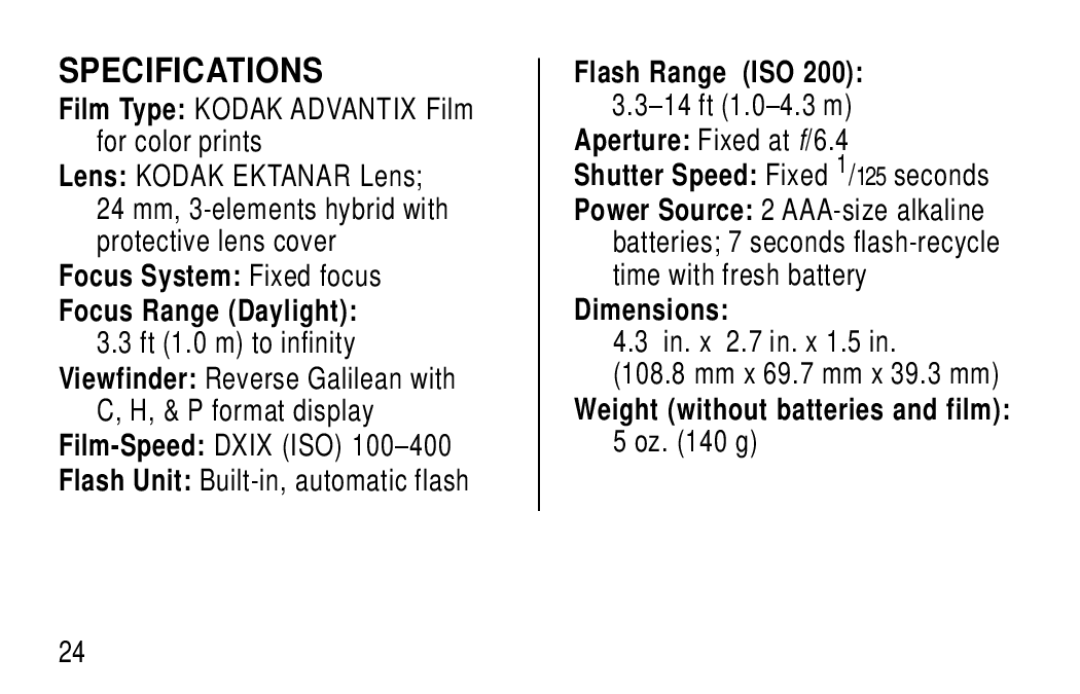 Kodak T20 user manual Specifications 