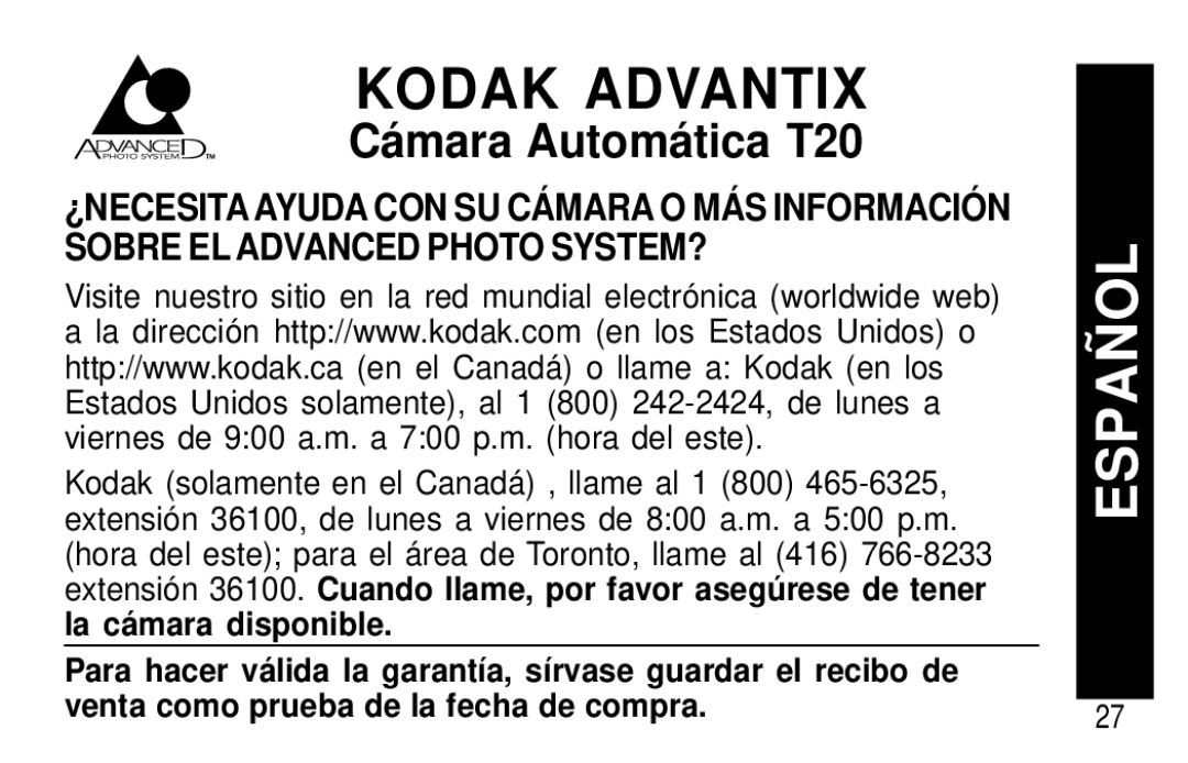 Kodak T20 user manual Olespañ 