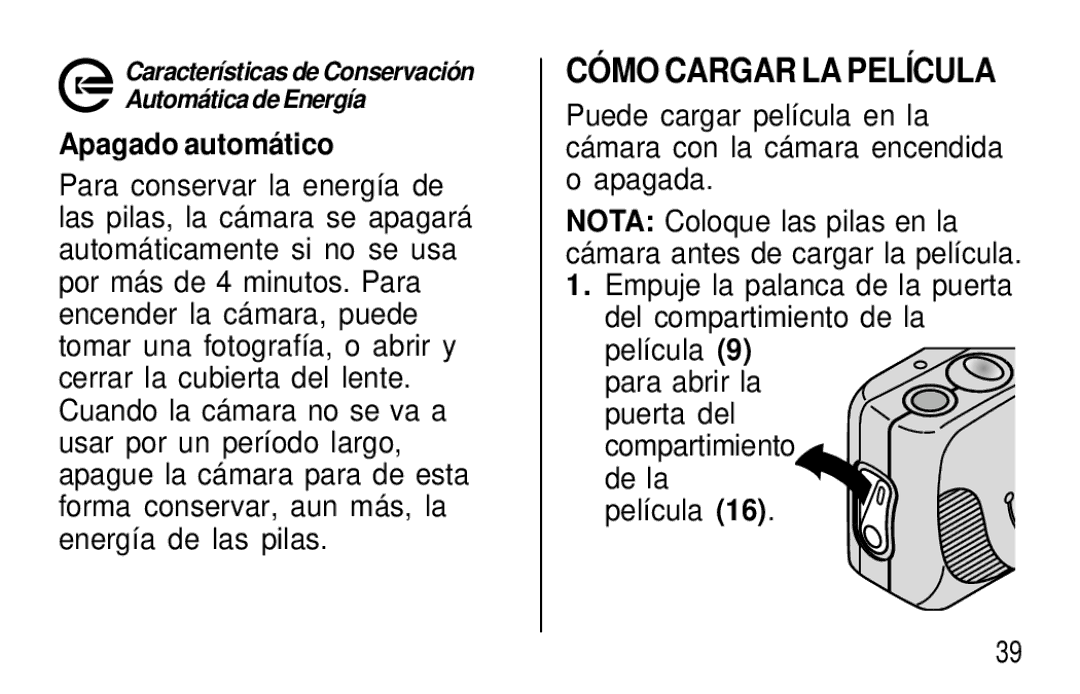 Kodak T20 user manual CÓ MO Cargar LA Película, Apagado automá tico 