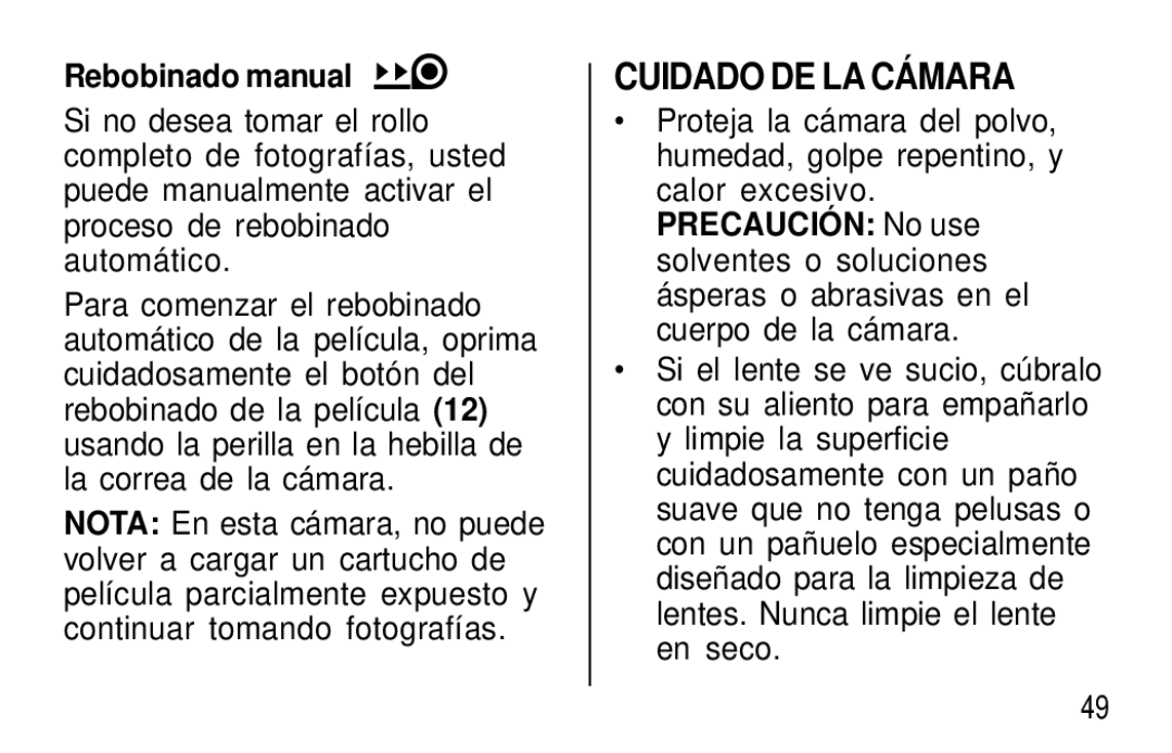 Kodak T20 user manual Cuidado DE LA CÁ Mara, Rebobinado manual 