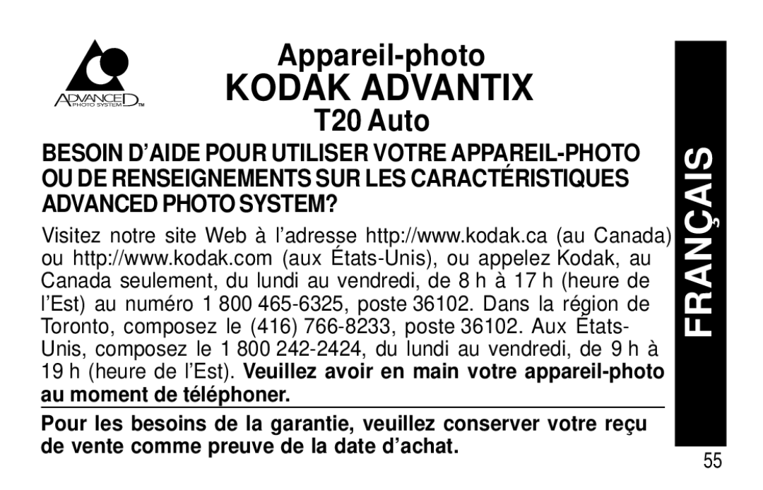 Kodak T20 user manual Franç AIS 