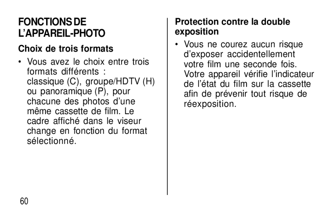 Kodak T20 user manual Fonctions DE ’APPAREIL-PHOTO, Choix de trois formats, Protection contre la double exposition 