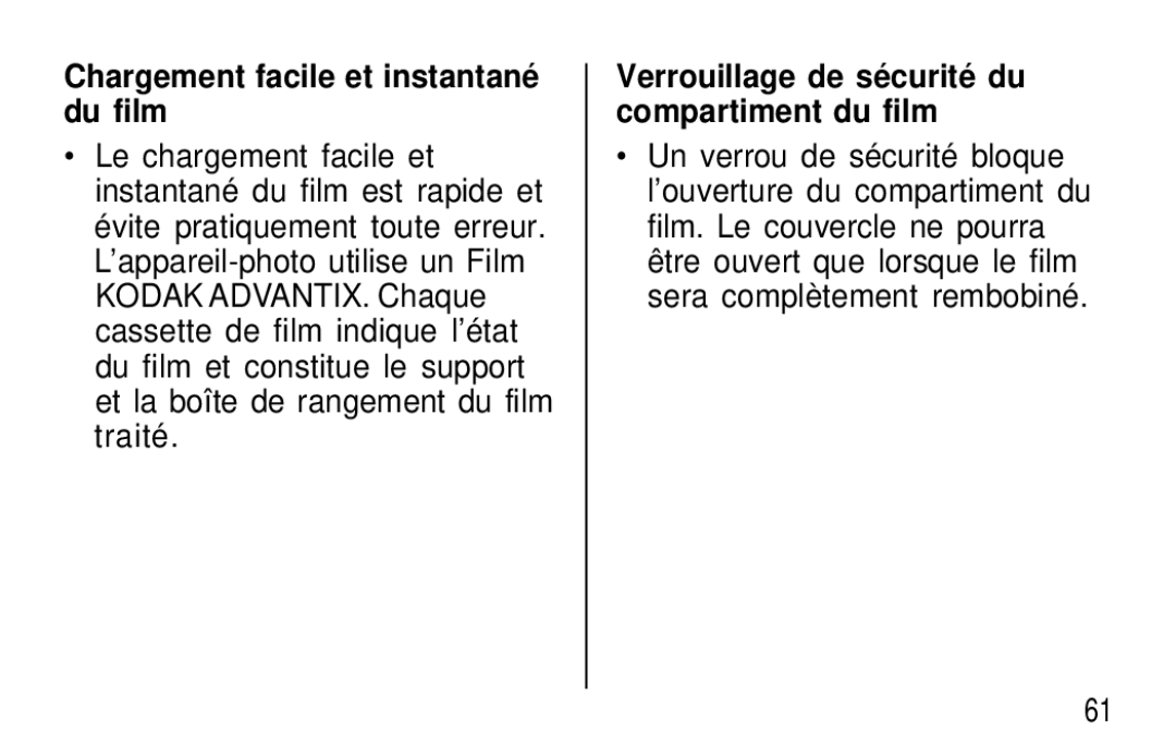 Kodak T20 user manual Chargement facile et instantané du film, Verrouillage de sé curité du compartiment du film 