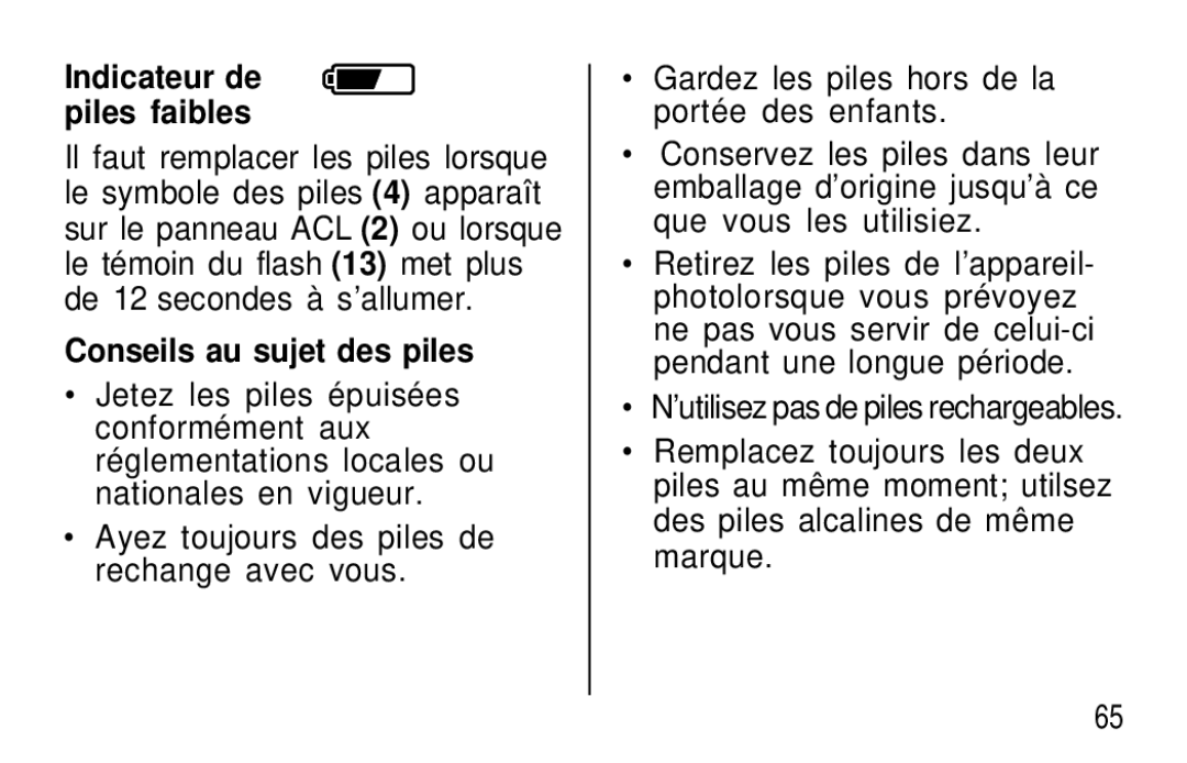 Kodak T20 user manual Indicateur de piles faibles, Conseils au sujet des piles 