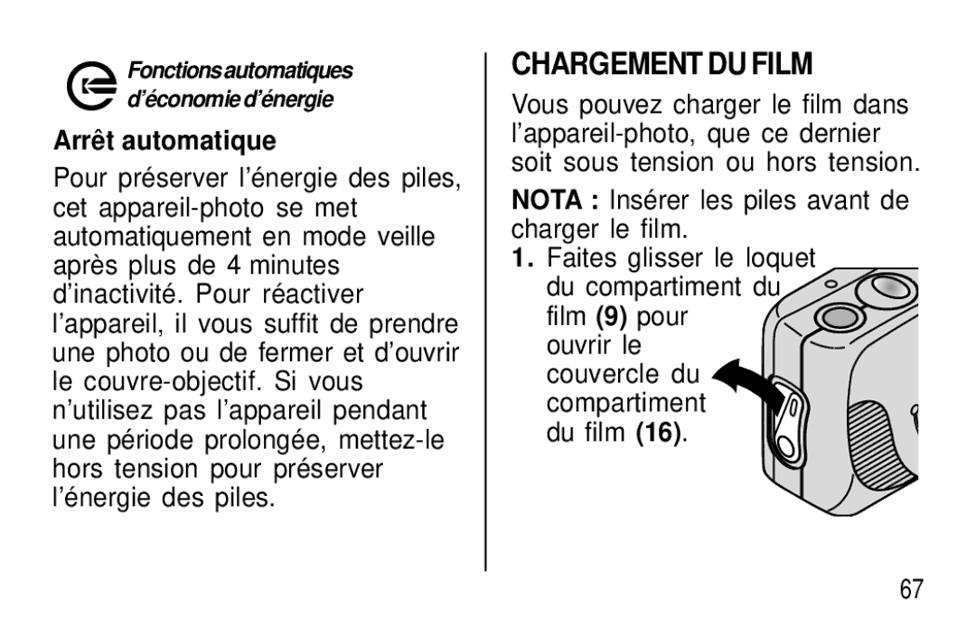 Kodak T20 user manual Chargement DU Film, Arrê t automatique 