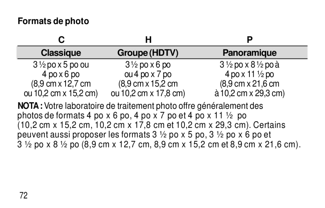 Kodak T20 user manual Formats de photo Classique Groupe Hdtv Panoramique 