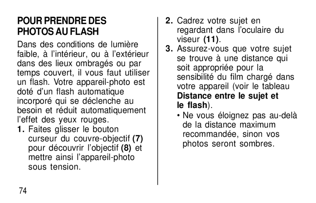 Kodak T20 user manual Pour Prendre DES Photos AU Flash, Distance entre le sujet et le flash 