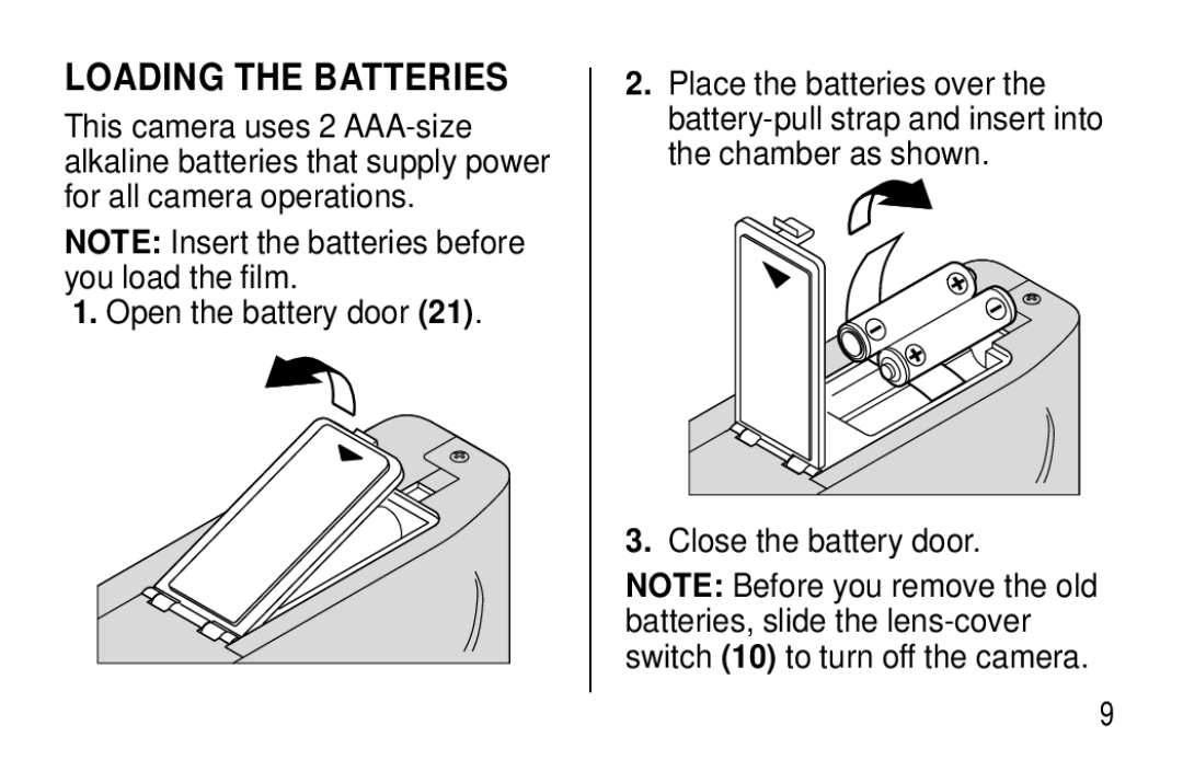 Kodak T30 user manual Loading the Batteries 