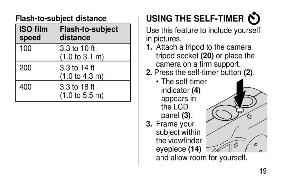 Kodak T30 user manual Using the SELF-TIMER, Flash-to-subject distance ISO film Speed Distance 