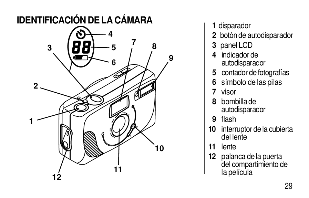 Kodak T30 user manual Identificació N DE LA CÁ Mara, Flash Interruptor de la cubierta del lente Lente 