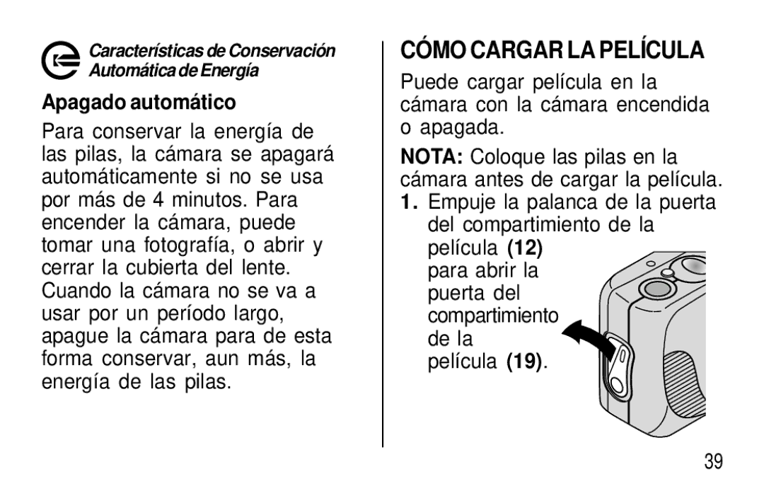 Kodak T30 user manual CÓ MO Cargar LA Película, Apagado automá tico 