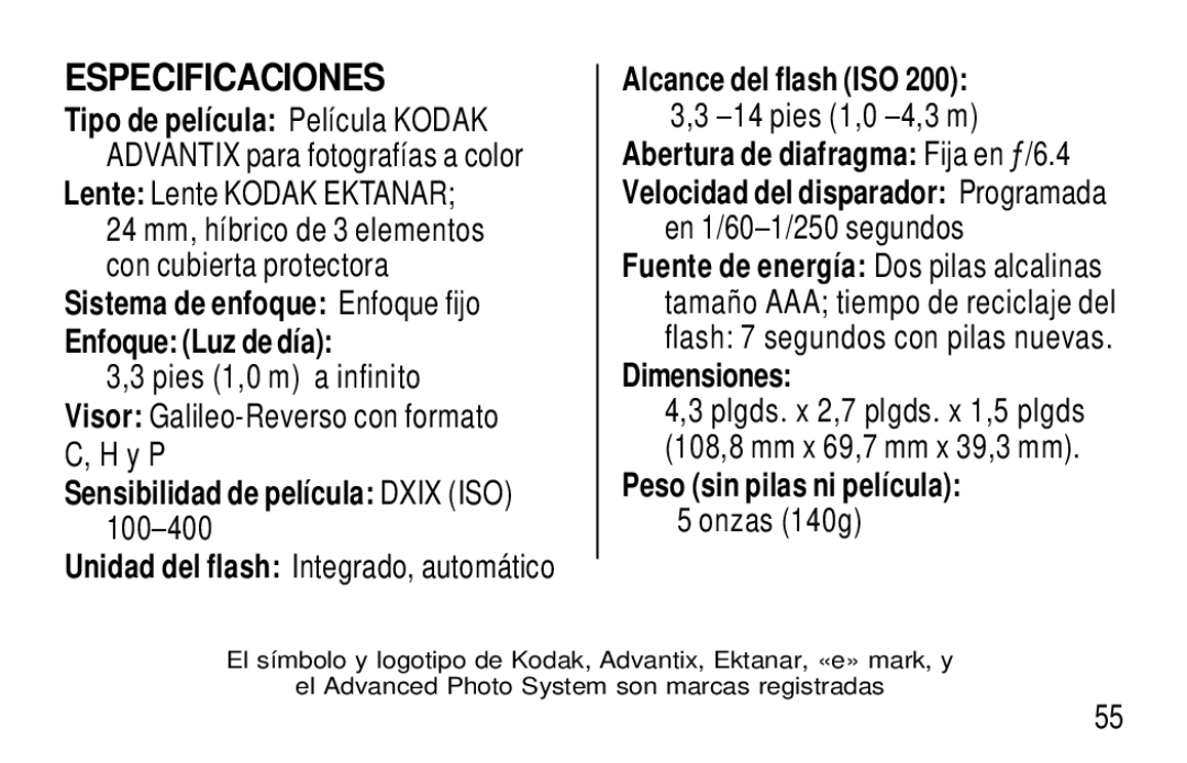 Kodak T30 user manual Especificaciones 