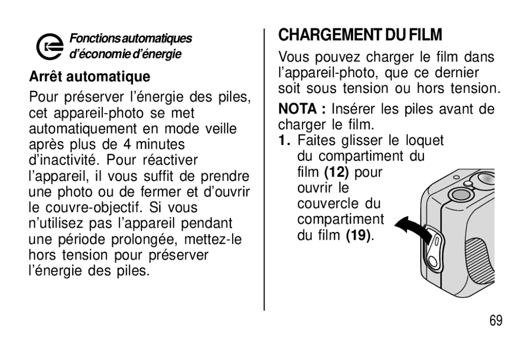 Kodak T30 user manual Chargement DU Film, Arrê t automatique 