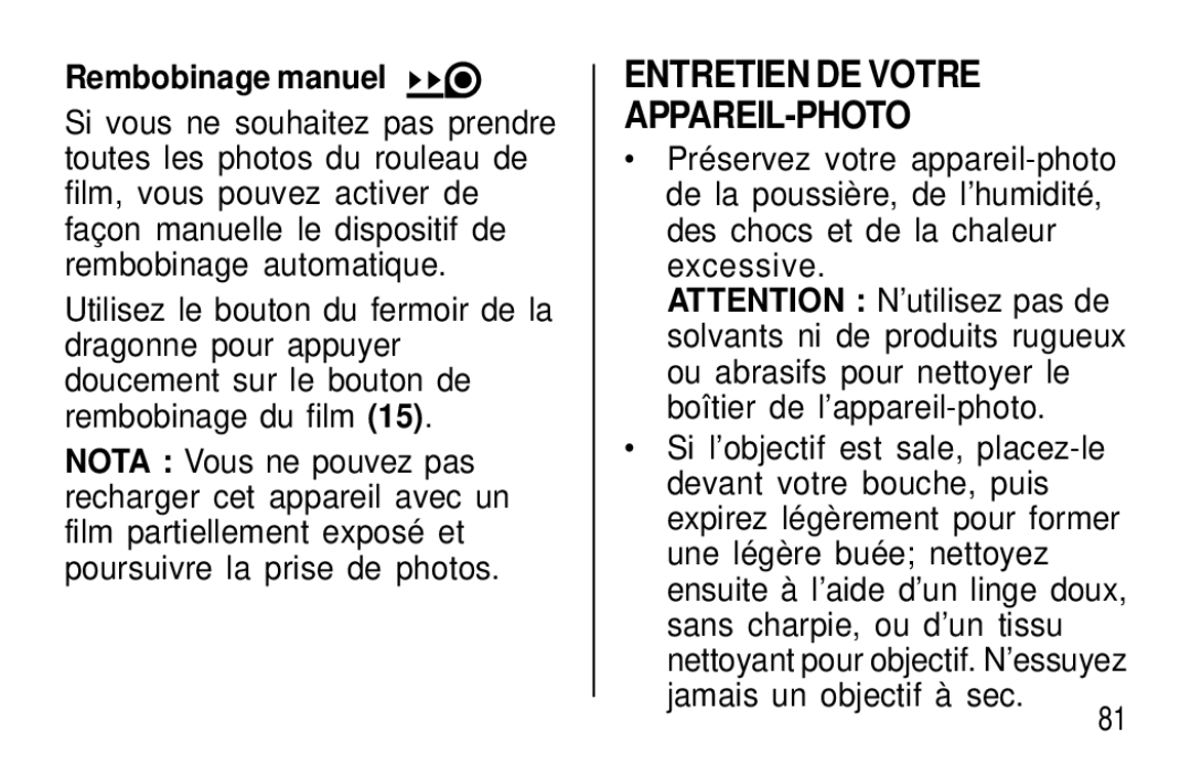 Kodak T30 user manual Entretien DE Votre APPAREIL-PHOTO, Rembobinage manuel 