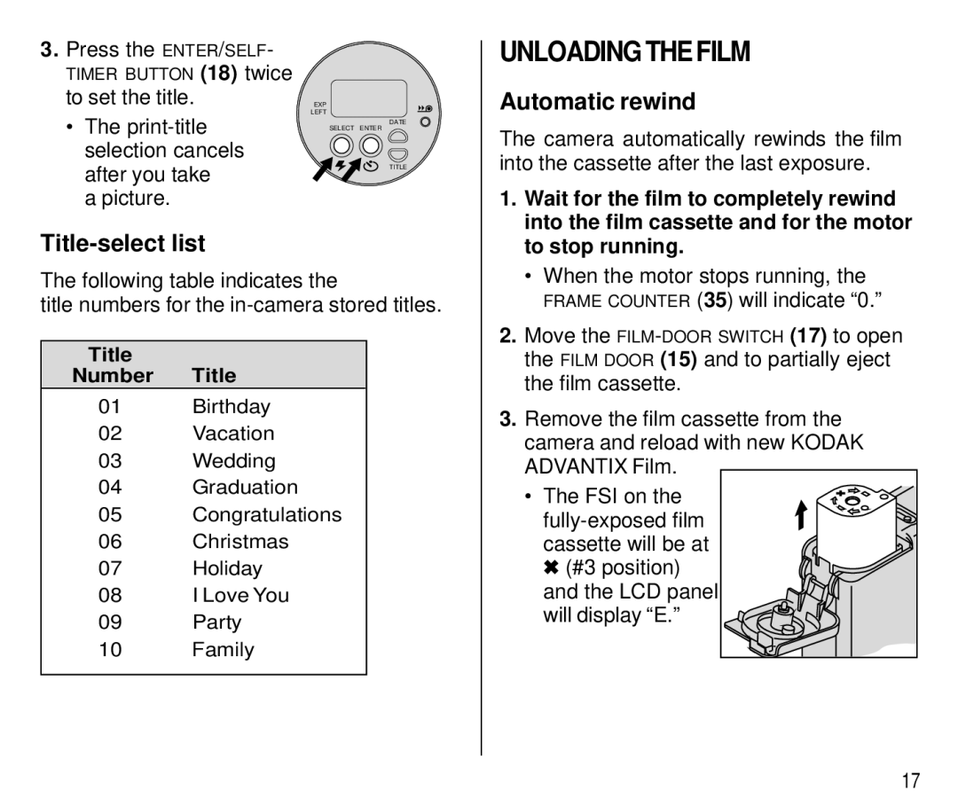 Kodak T500 manual Unloading the Film, Automatic rewind, Title-select list, Wait for the film to completely rewind 