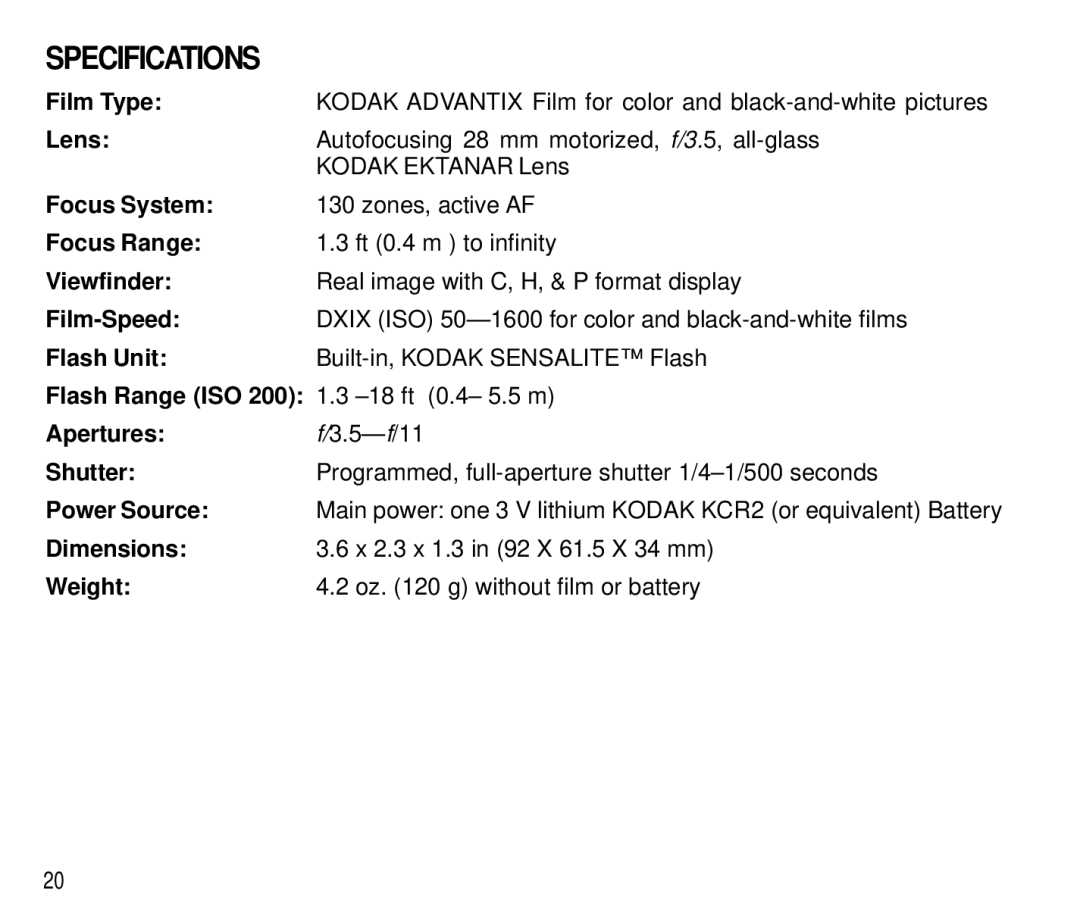 Kodak T500 manual Specifications 