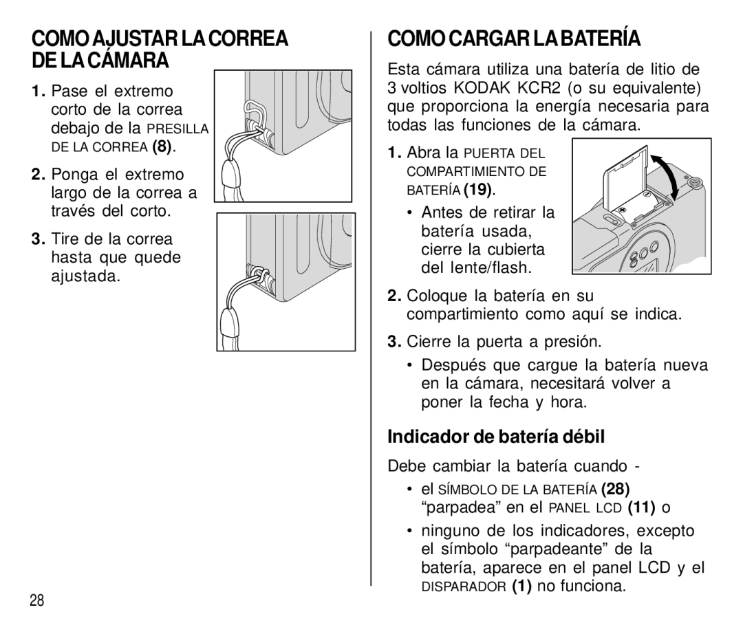 Kodak T500 manual Como Cargar Labatería, Indicador de batería débil, Debe cambiar la batería cuando 