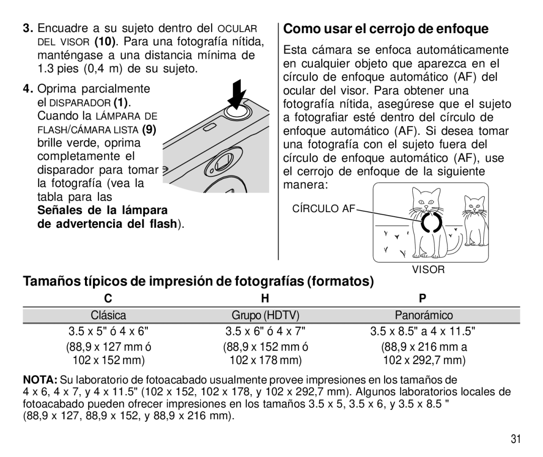 Kodak T500 manual Como usar el cerrojo de enfoque, Tamaños típicos de impresión de fotografías formatos 