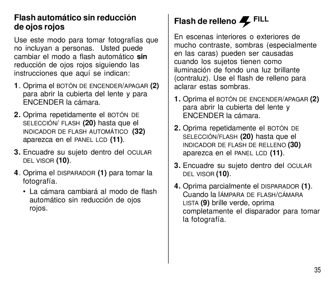 Kodak T500 manual Flash automático sin reducción de ojos rojos, Flash de relleno Fill 