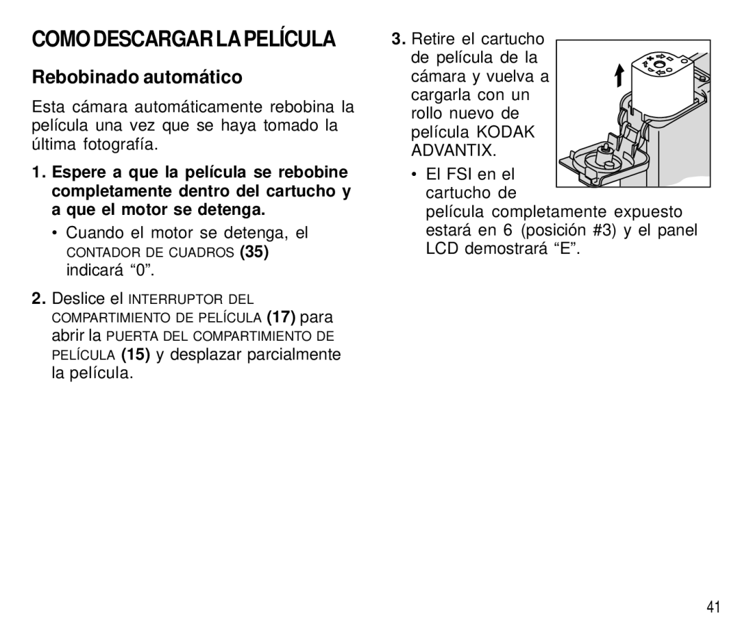 Kodak T500 manual Como Descargar LA Película, Rebobinado automático 