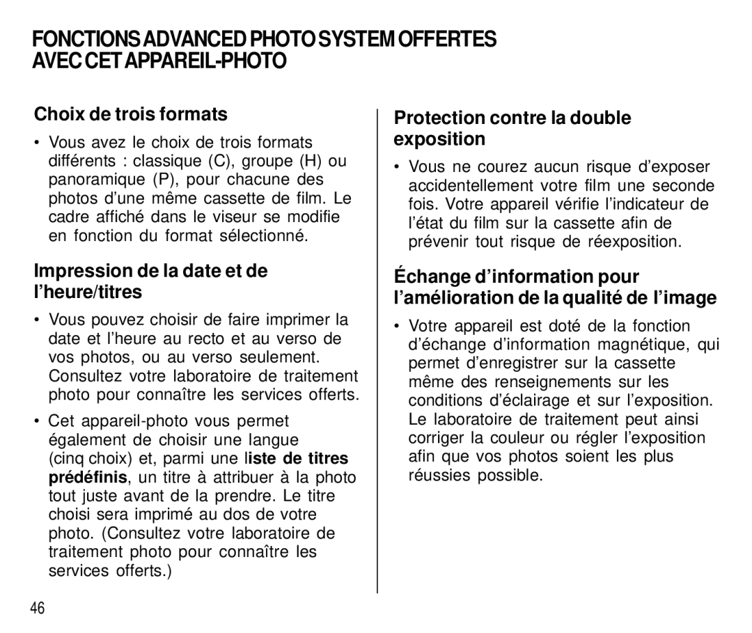 Kodak T500 Choix de trois formats, Impression de la date et de l’heure/titres, Protection contre la double exposition 