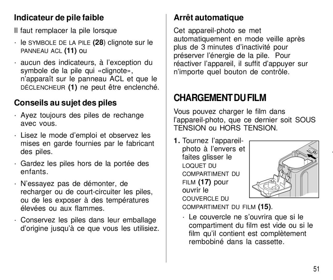 Kodak T500 manual Chargement DU Film, Indicateur de pile faible, Conseils au sujet des piles, Arrêt automatique 