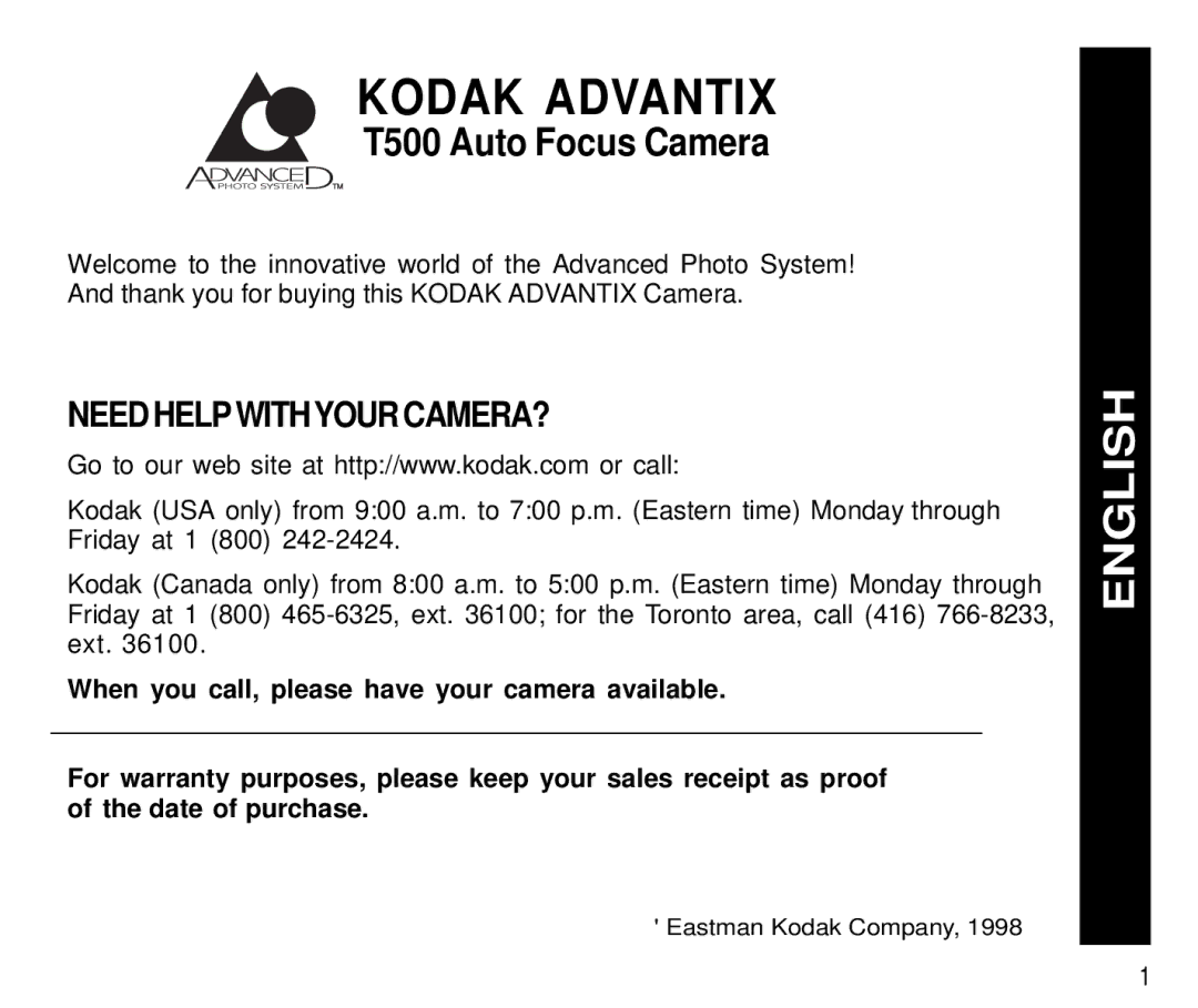 Kodak T500 manual Kodak Advantix, Need Helpwithyour CAMERA? 