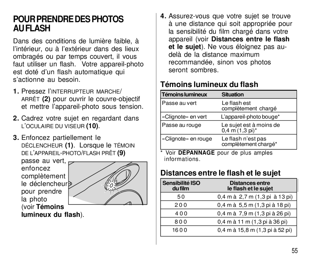 Kodak T500 manual Pour Prendre DES Photos AU Flash, Témoins lumineux du flash, Distances entre le flash et le sujet 