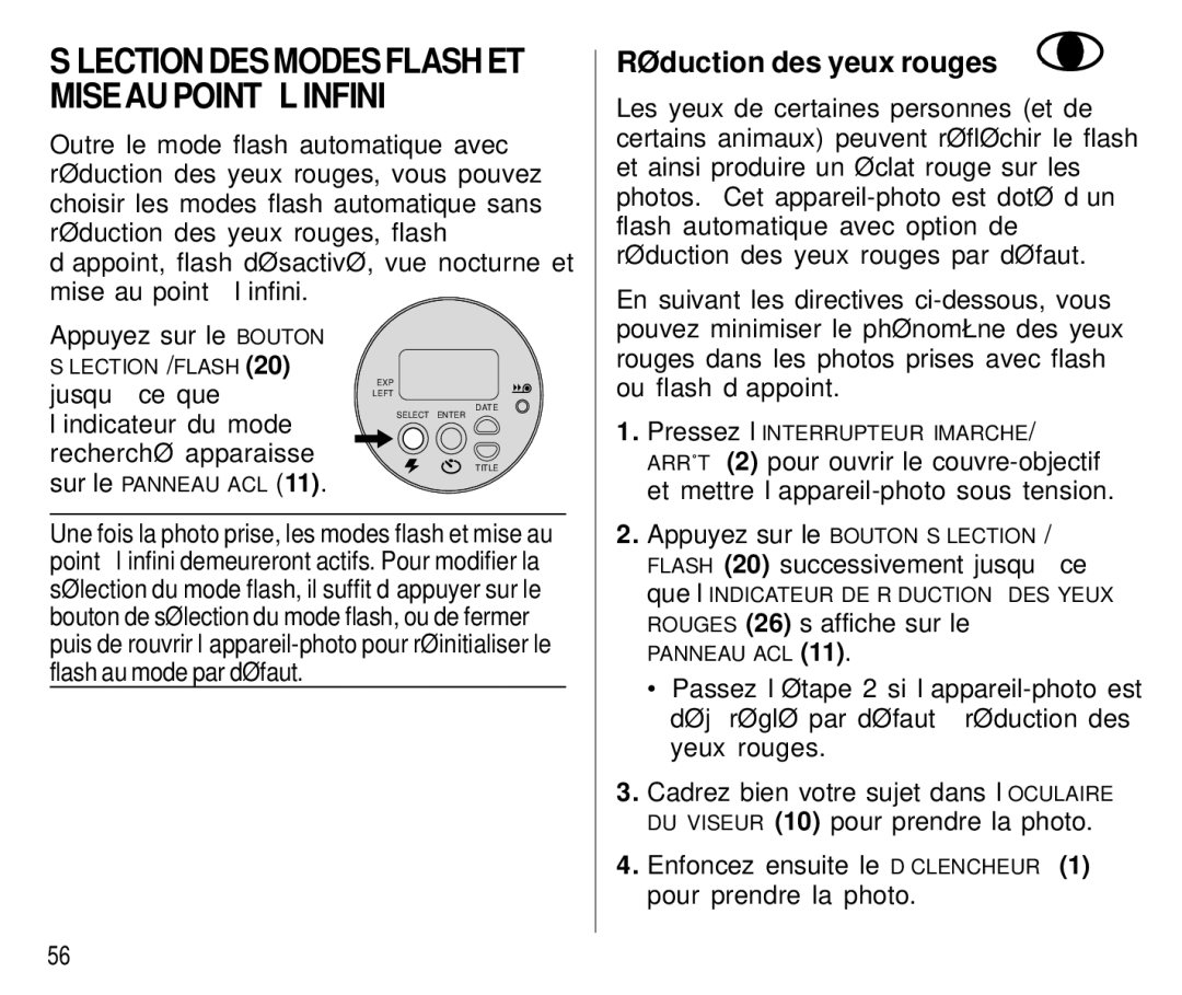 Kodak T500 manual Réduction des yeux rouges, Appuyez sur le Bouton Sélection 