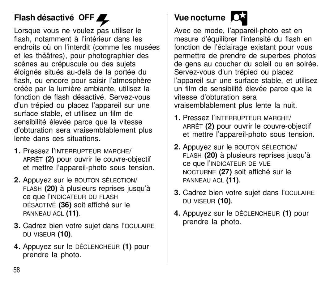 Kodak T500 manual Flash désactivéOFF, Vue nocturne, Appuyez sur le Déclencheur 1 pour Prendre la photo 