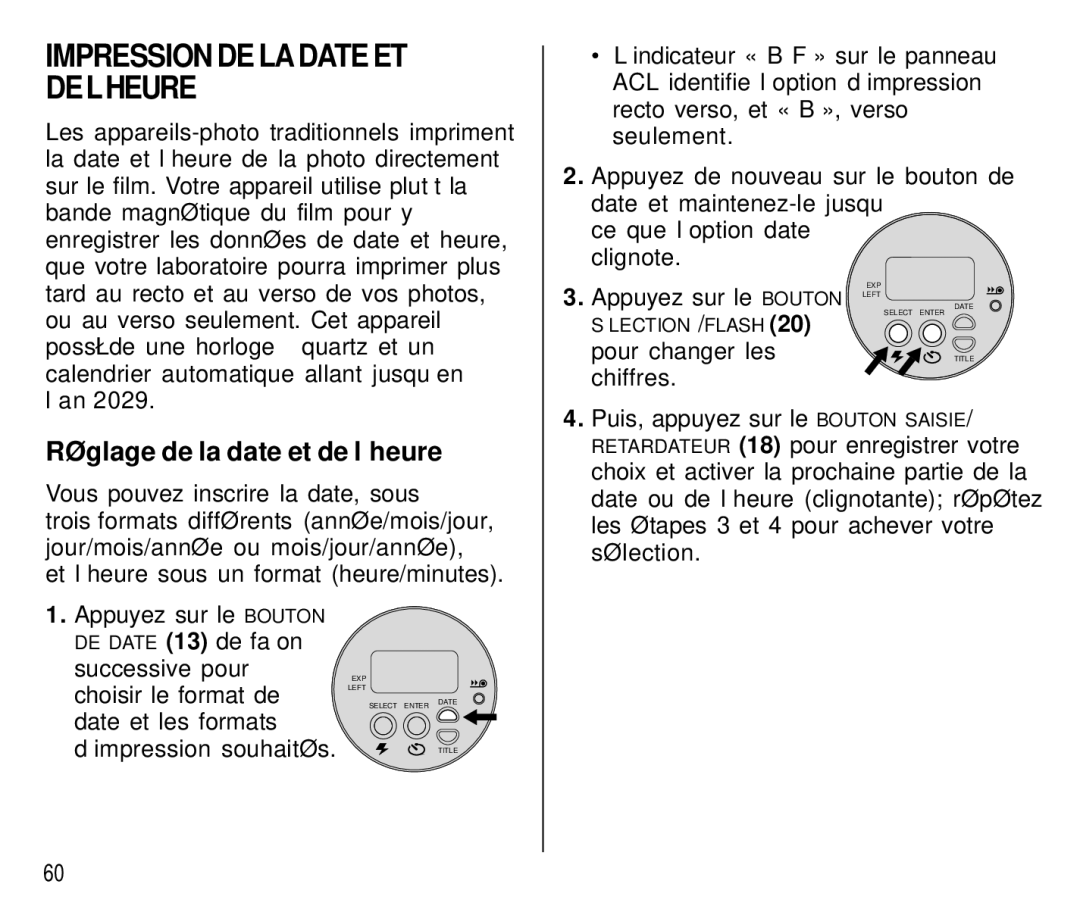 Kodak T500 manual Impression DE Ladate ET DEL’HEURE, Réglage de la date et de l’heure 